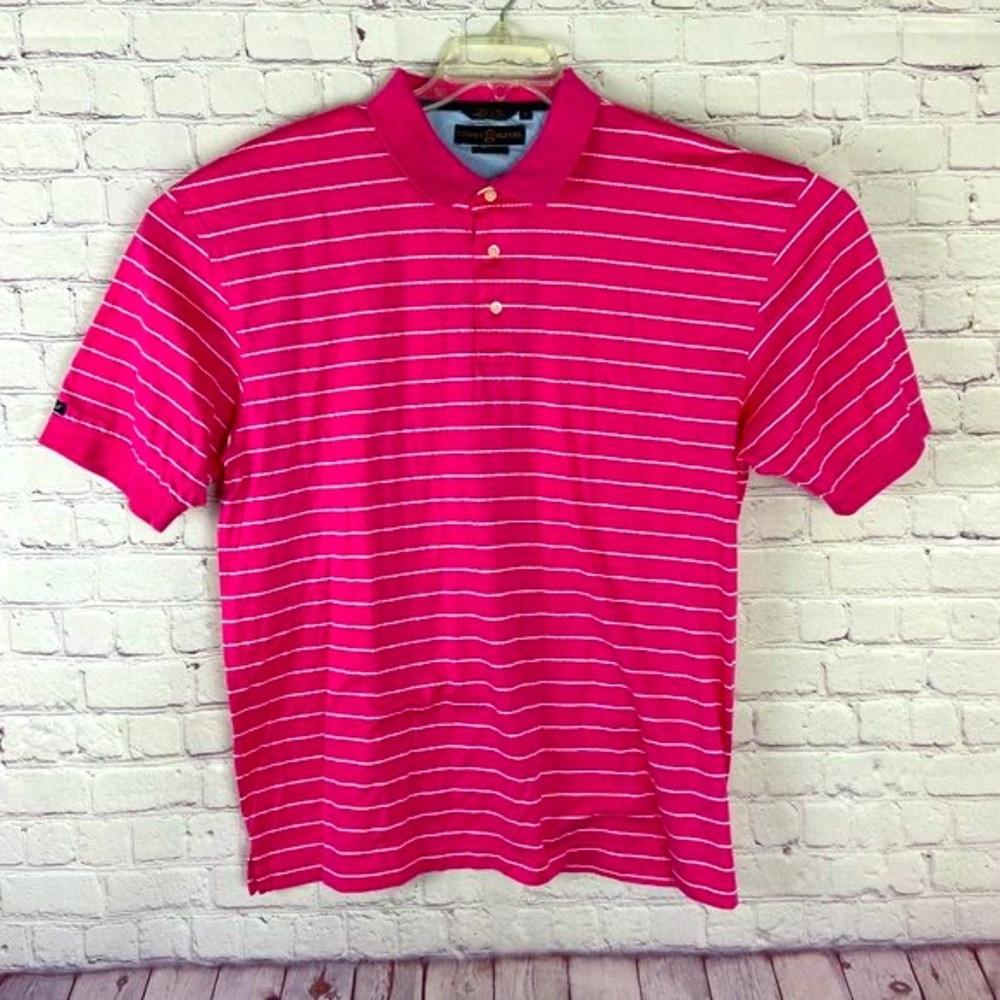 TOMMY HILFILGIER Men's Pink Golf Striped Short Sleeve Polo. Size: X-Large